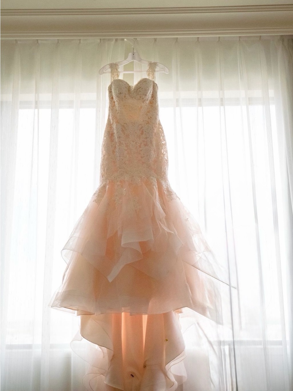 Mori Lee Blush Lace Mermaid Wedding Gown with Layered Tulle Skirting